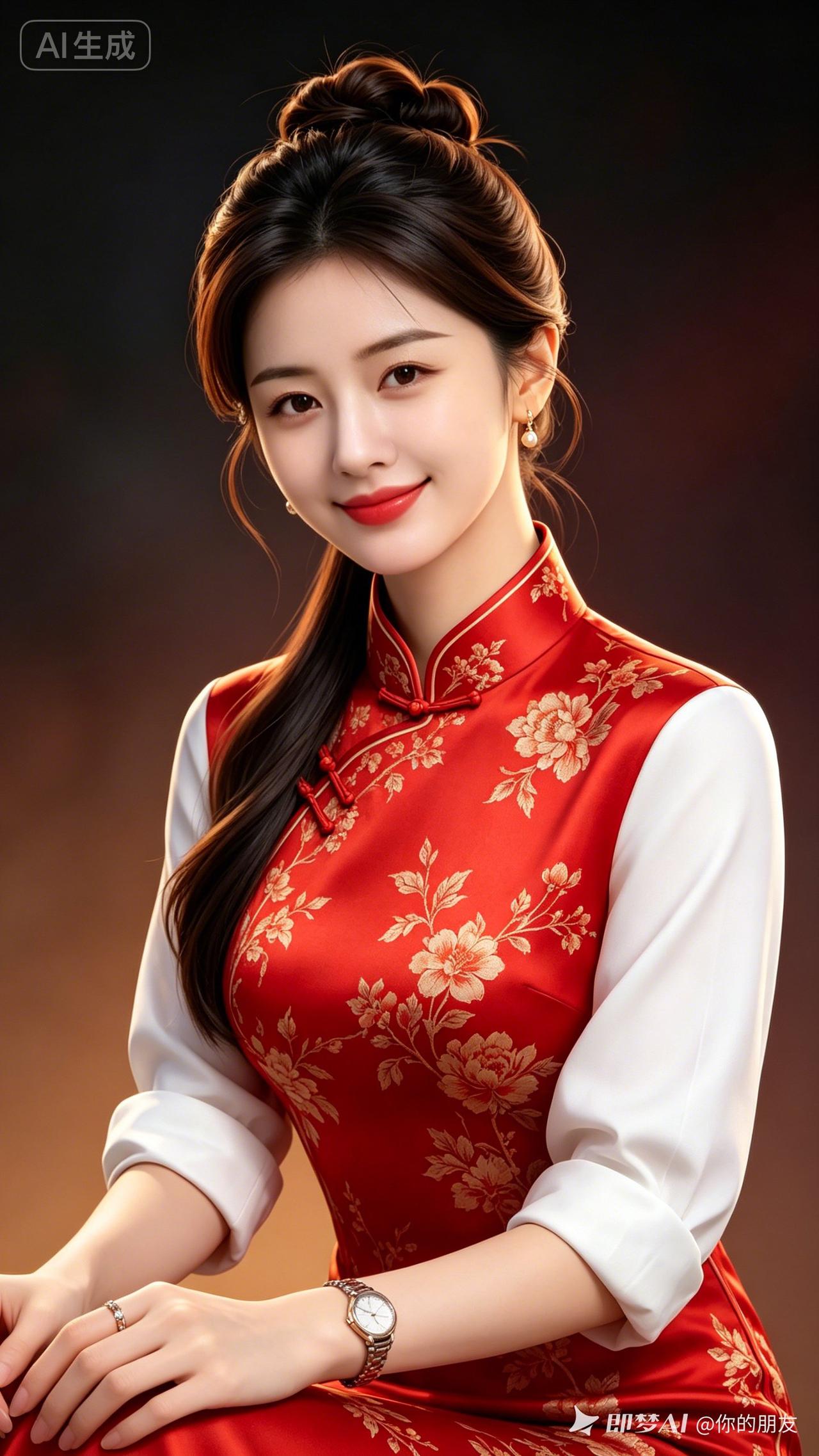 这位小姐姐穿着红色旗袍，真漂亮！