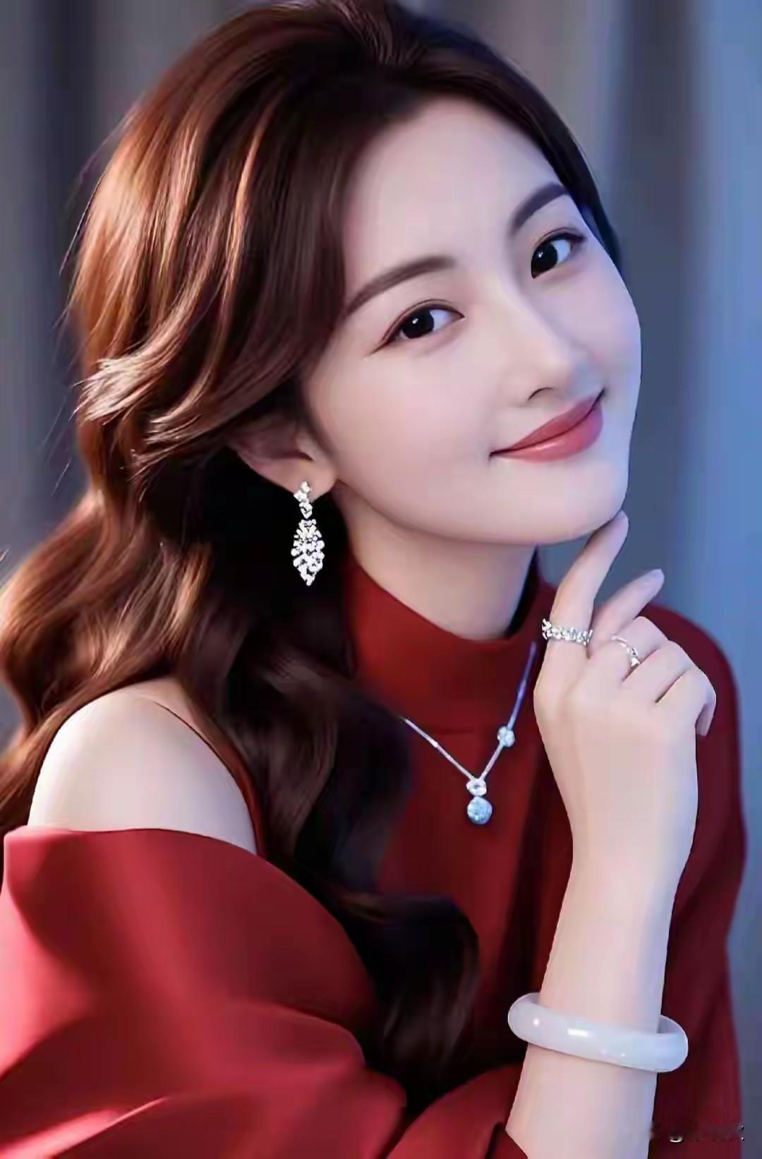 红妆红绸裁袖露香肩，玉镯凝霜衬皓妍。珠钻流光摇鬓畔，粉面含桃意态妍。