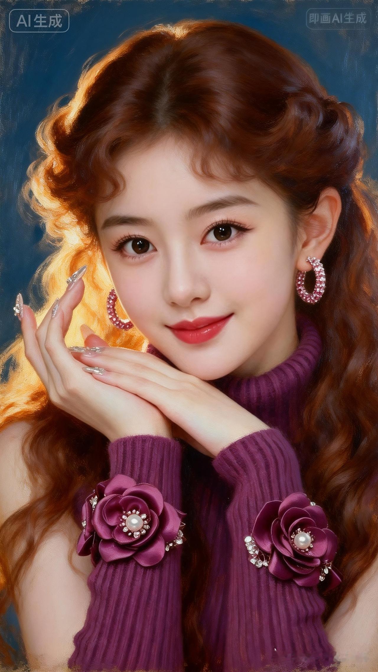 少女呈板栗色长卷发，伦勃朗暖光穿透发丝层次，冷白皮肌理细腻，质感浓郁，完美构图衬