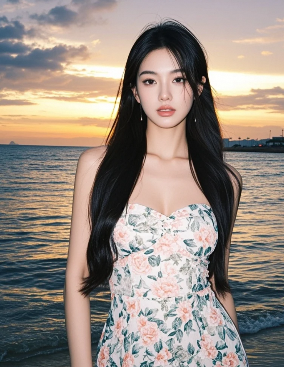 她站在黄昏里，像一首被遗忘的情诗