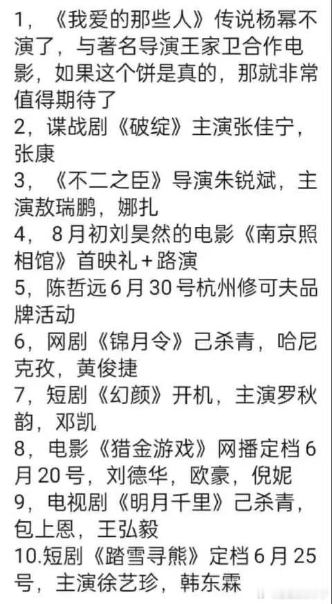 娱乐最新资讯。1. 有传闻称杨幂不演《我爱的那些人》了，而是要与著名导演王家卫合