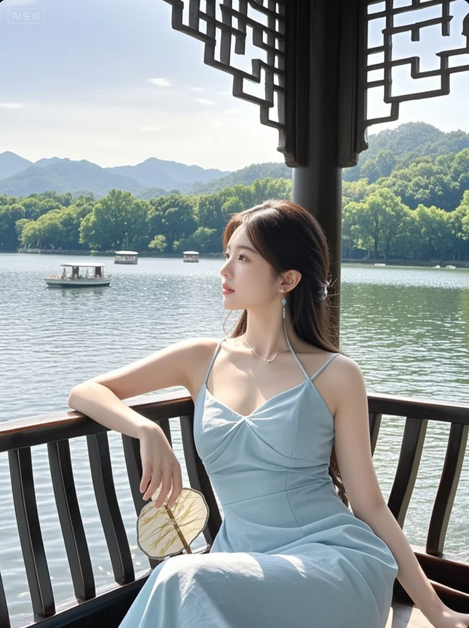 她站在湖边，像一幅会呼吸的水墨