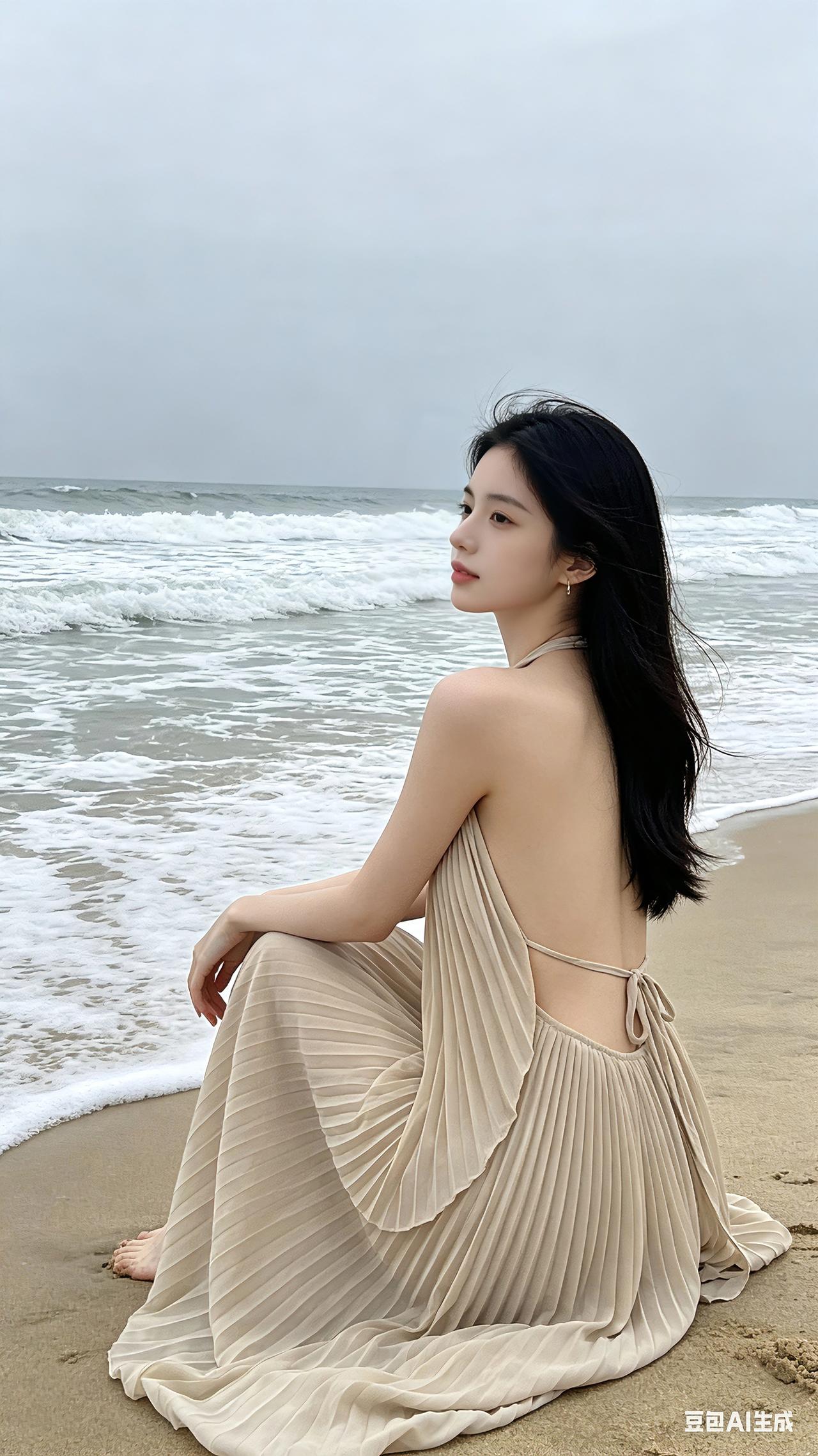 这位姑娘静坐在海边的沙滩上，身着一袭浅杏色长裙，后背的剪裁简约舒展。海风柔缓拂过