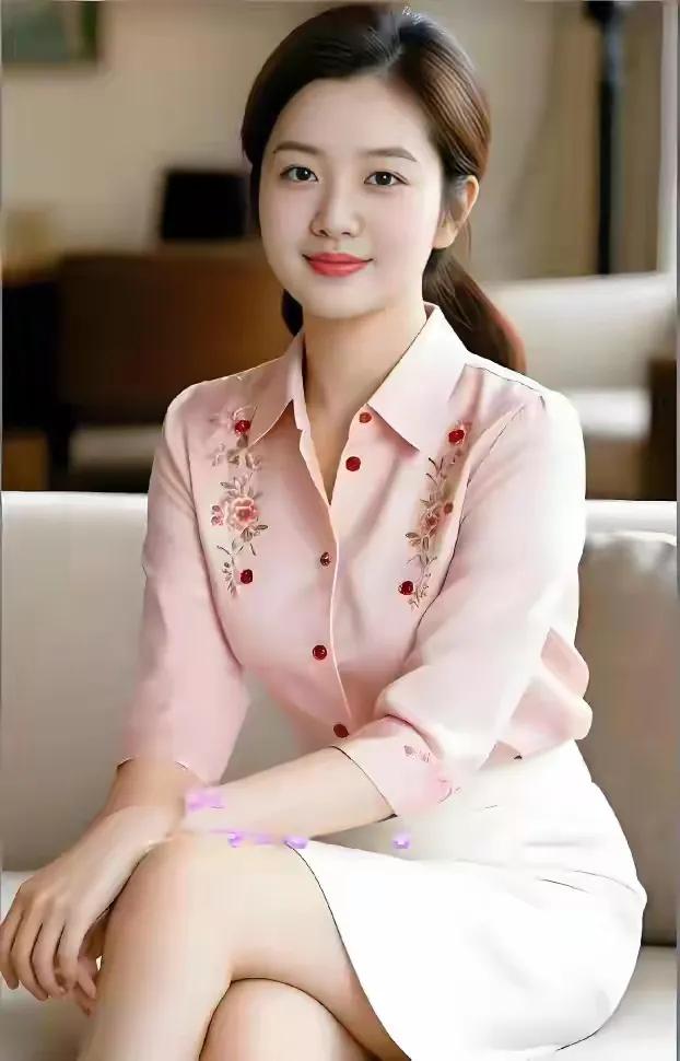 这位小姐姐穿着粉色衬衫，坐在沙发上。
