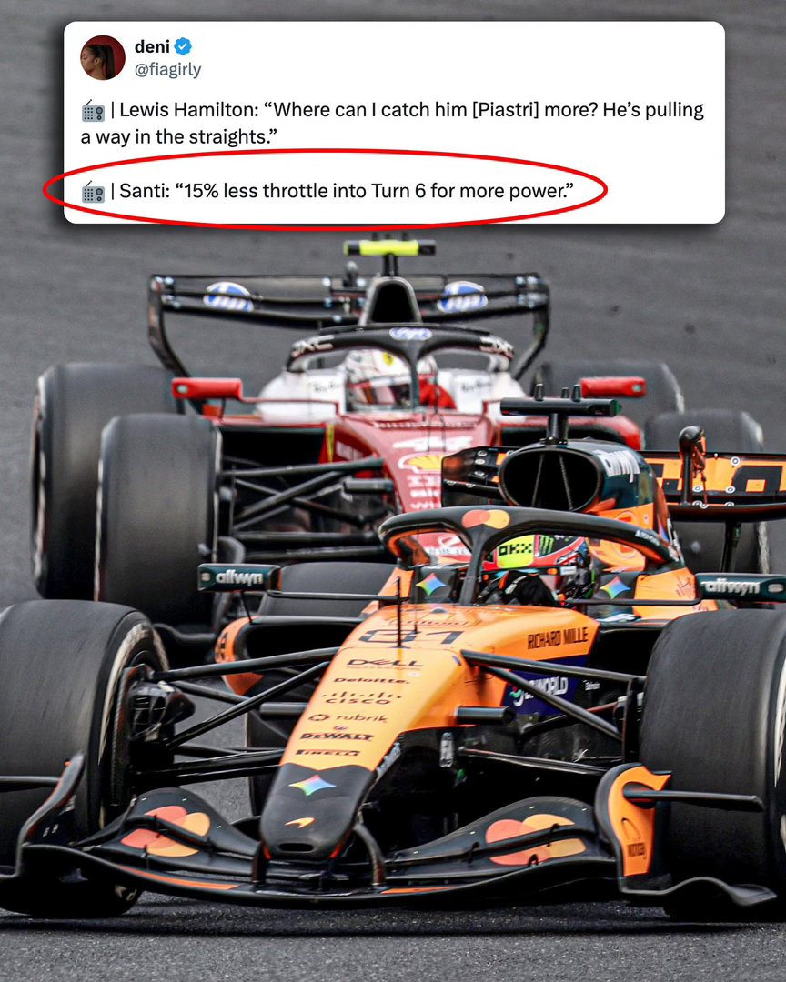 汉密尔顿在日本站正赛追击皮亚斯特里，他在直道被对手拉开，想知道在哪能追近。比赛工