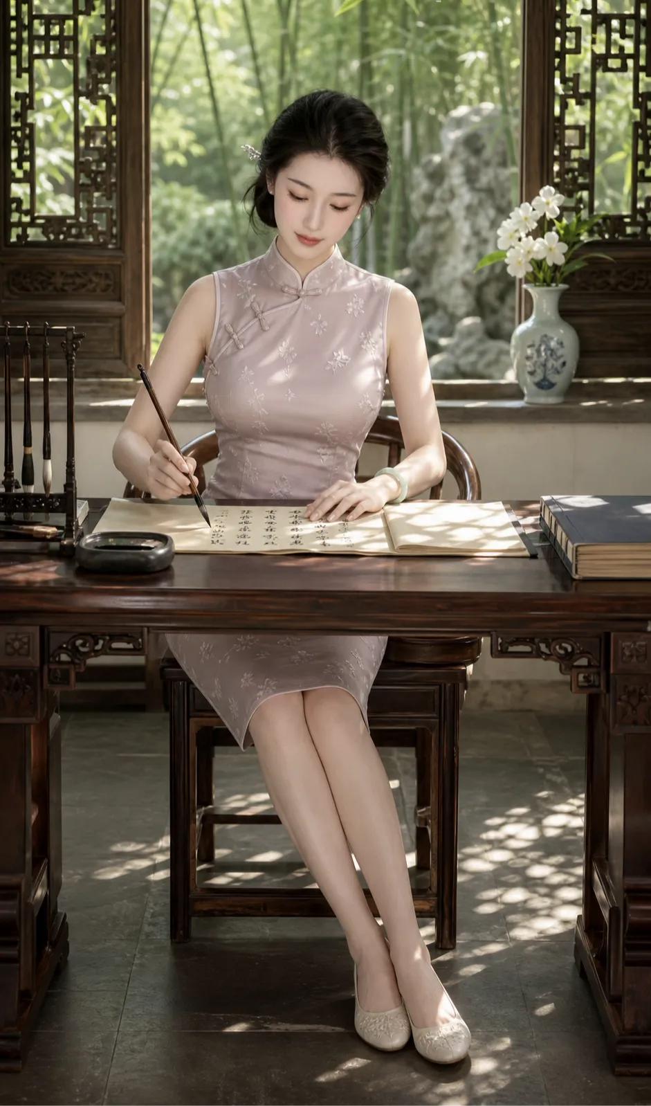一袭浅粉旗袍裹着温婉身段，无袖剪裁露出凝脂般的肩臂，立领盘扣锁住东方雅致，裙摆开