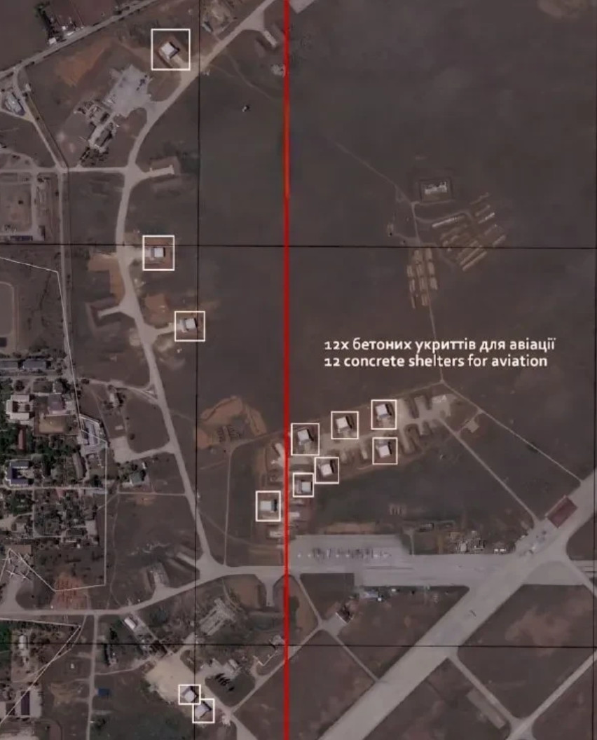 克里米亚空军基地修机堡】6月11日，乌克兰媒体公布克里米亚萨基空军基地卫星图