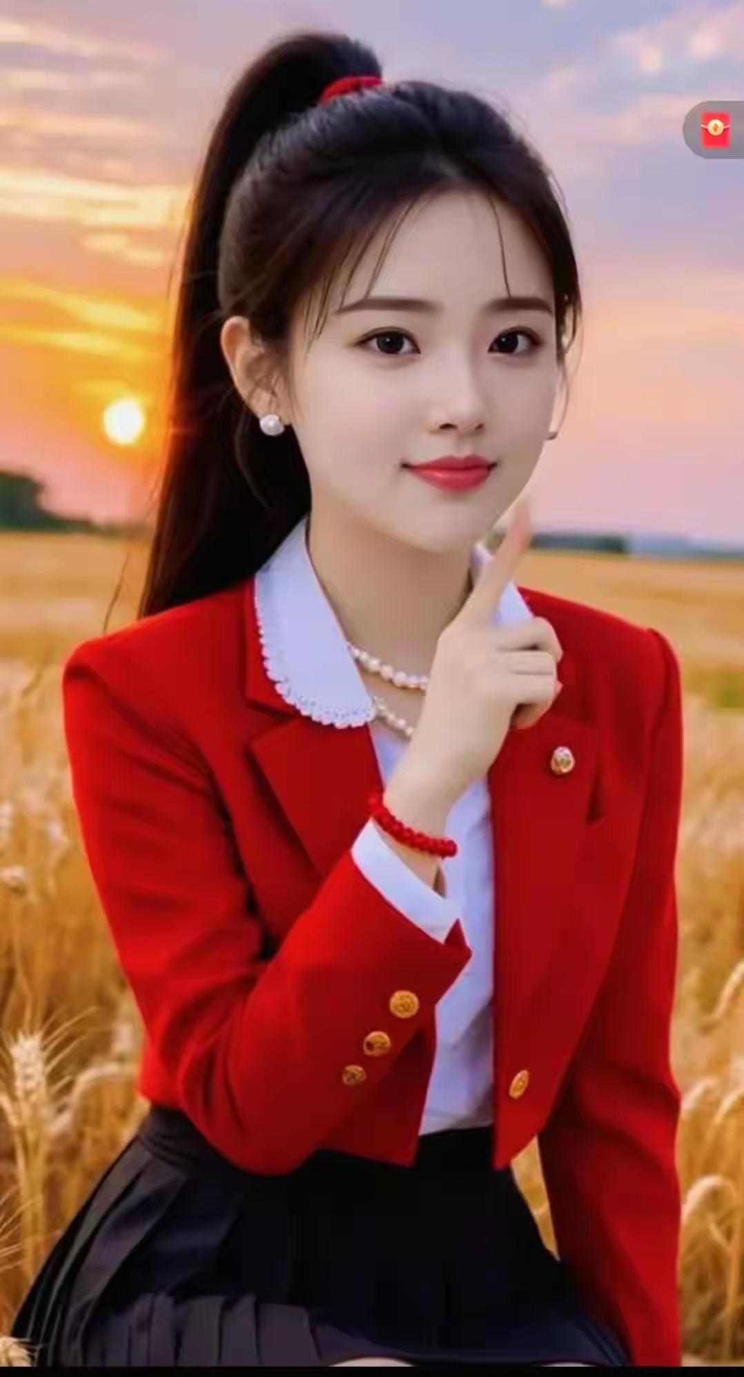 少女站在金色麦田中，阳光洒在身上，她微笑比心，画面太治愈啦！元气满满的一天，就从