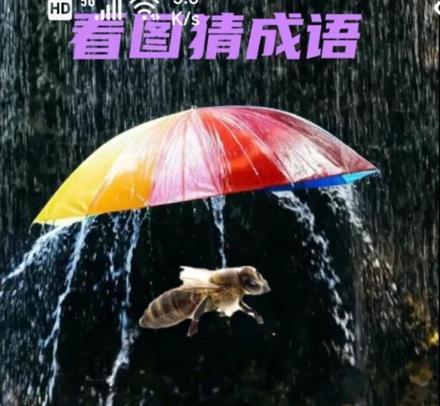 〔看图猜成语〕图中画面真有趣；蜜蜂也怕被雨淋；打伞还能把风挡；谐音猜个成