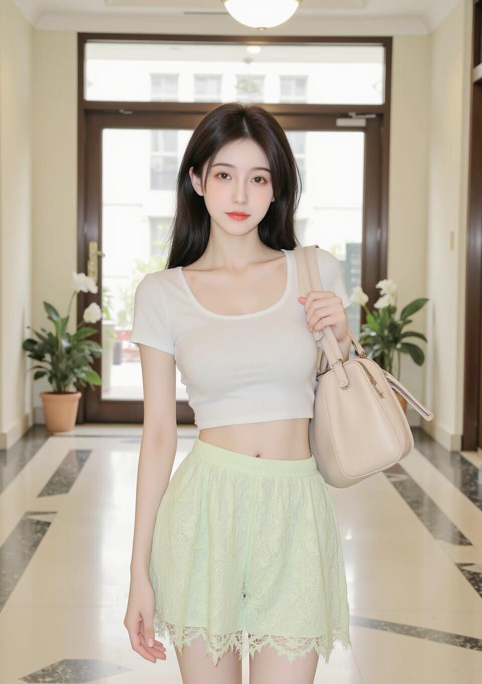 清新夏日穿搭，浅绿色蕾丝短裙搭配白色短袖，元气满满！🌞👗👗