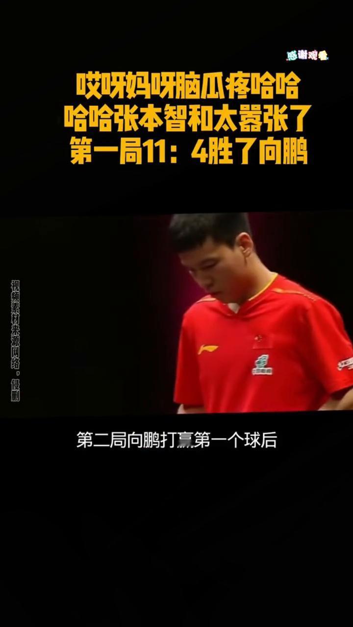 张本智和太嚣张了，第一局11：4胜了向鹏。张本智和太嚣张，第一局是1：4胜了向