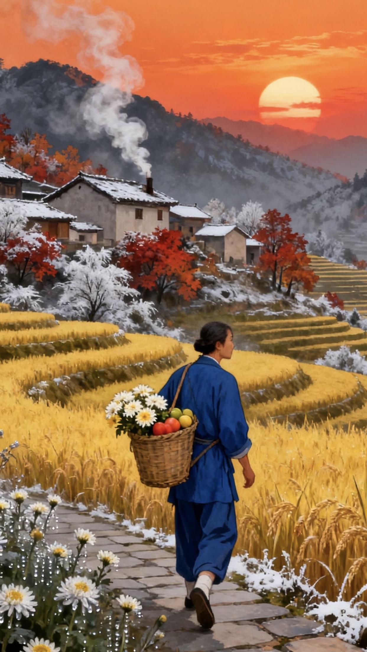 秋日乡村漫步，金黄稻田与白雪相映成趣，背着竹篮的旅人，悠然自得。