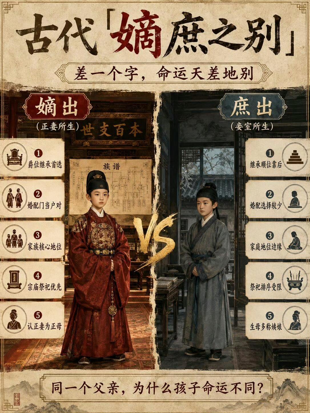 一张图看懂古代嫡庶之别，同父不同命，差距远比影视剧更残酷很多古装剧里都有嫡