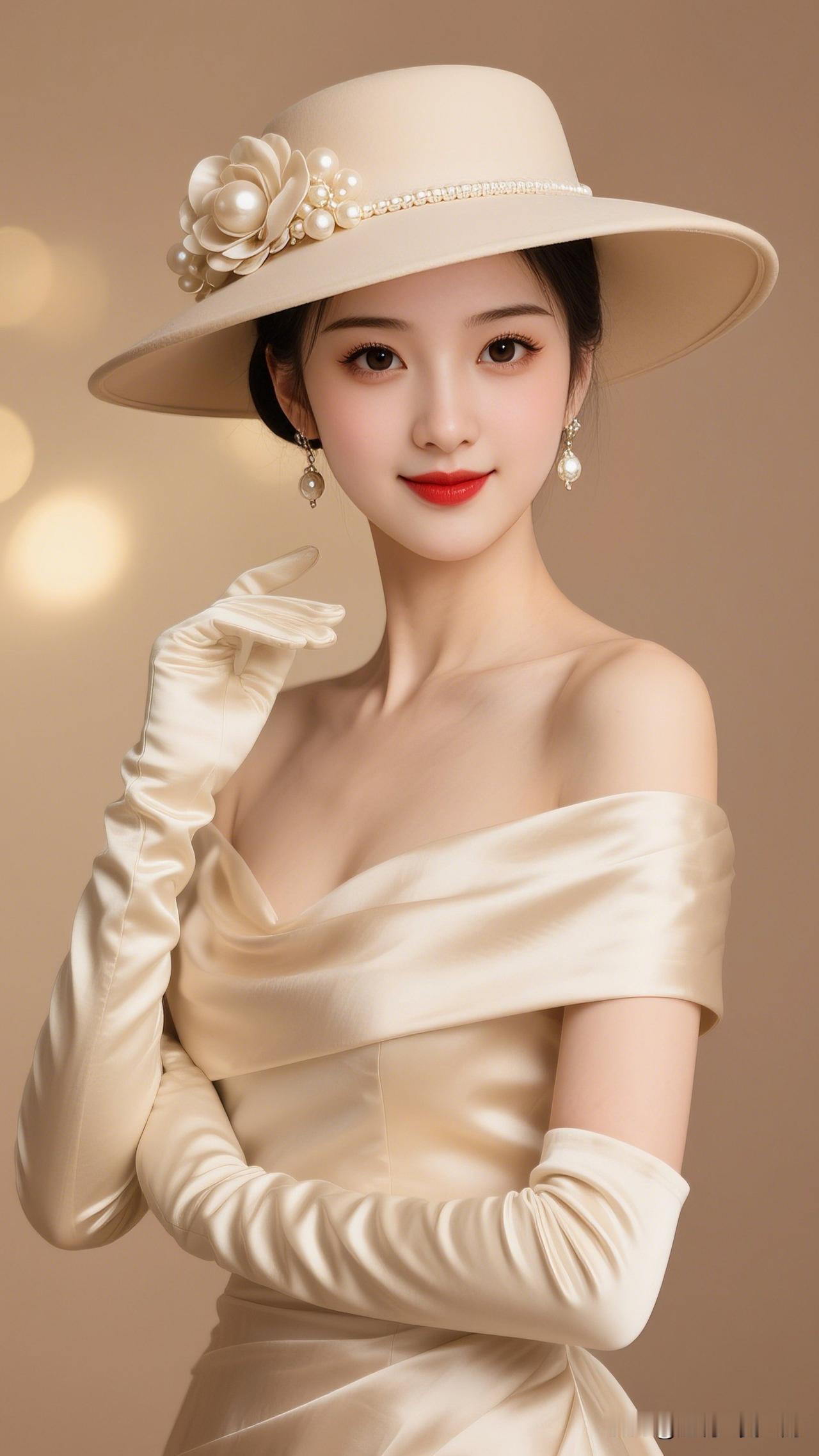 玉颜如花，锦衣似梦。你心目中的美人优雅复古风，珍珠配饰与米色礼服的完美结合，尽