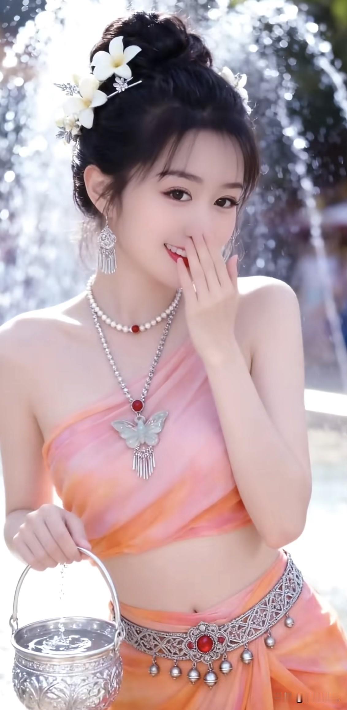 梦幻仙境中的少女，手持银壶，花环点缀，唯美动人。长发花环仙女银系少女照戴花环