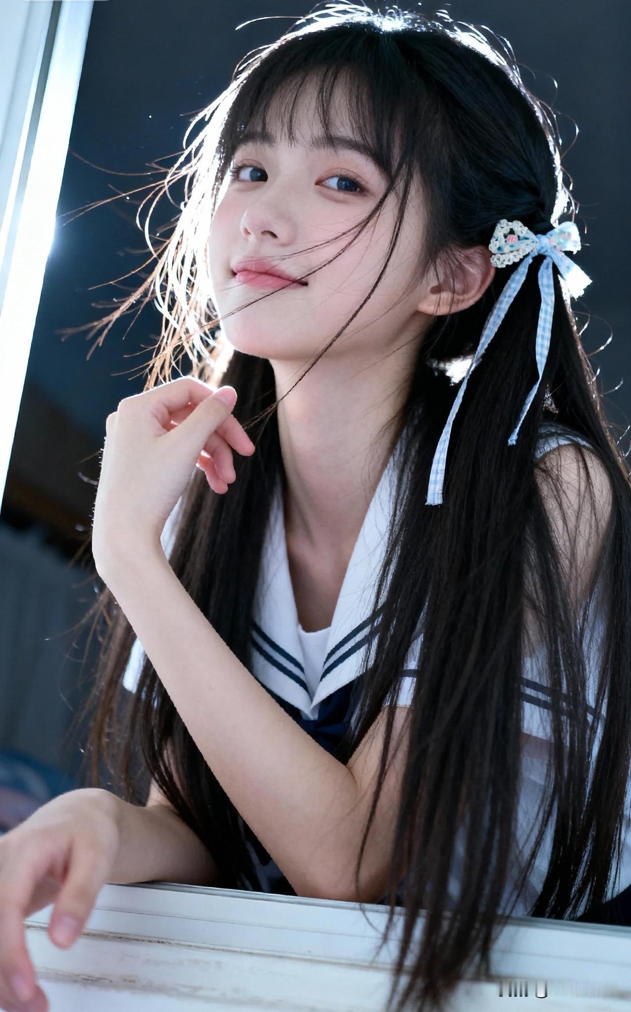 轻纱拂面，少女倚窗思。