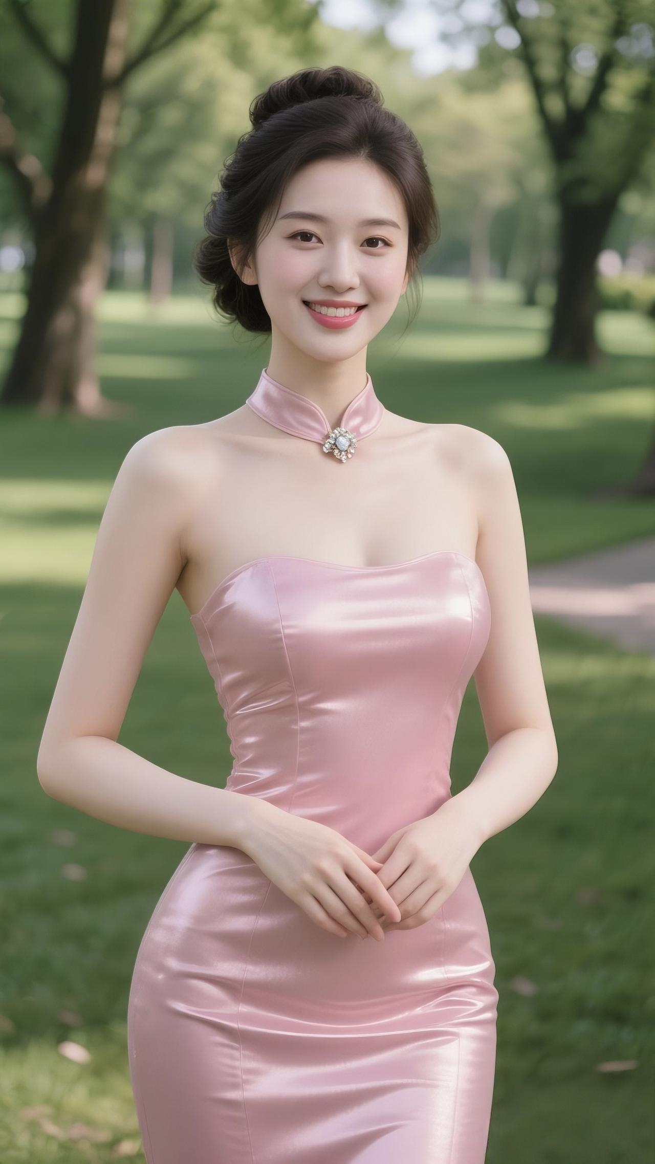 优雅粉裙，公园漫步，微笑如花🌸✨一眼让人融化，眉目如画。