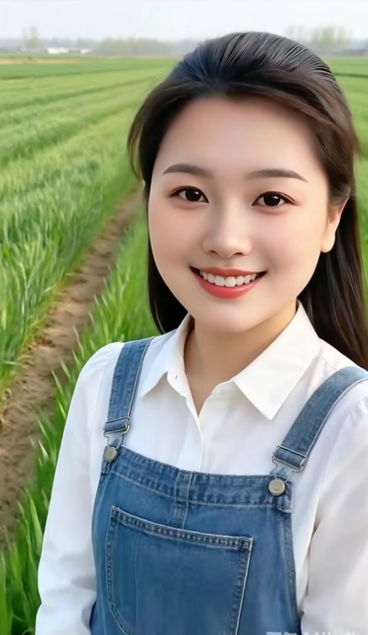 田园少女风，笑容甜美，置身绿意盎然的田野中。手机每天随手拍淡雅田园照田园丽人