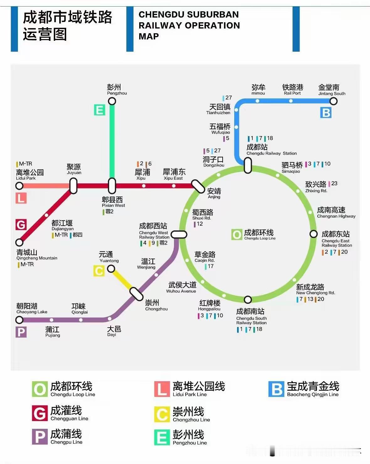 看这成都市域铁路运营图，西边崇州和东边金堂简直是大赢家。就说崇州，新增道明站、元