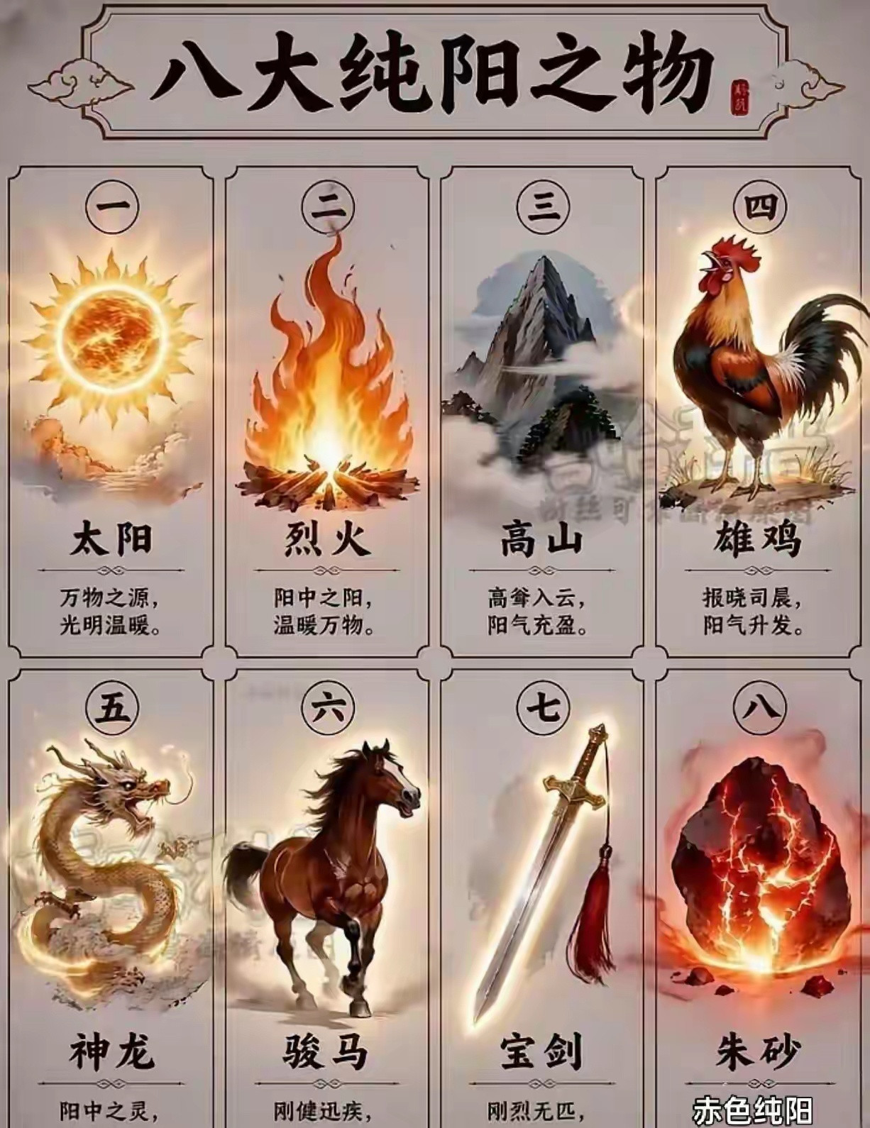 八大纯阳之物｜传统文化里的阳气意象✨1️⃣太阳｜万物之源，光明温暖2️⃣烈火｜阳