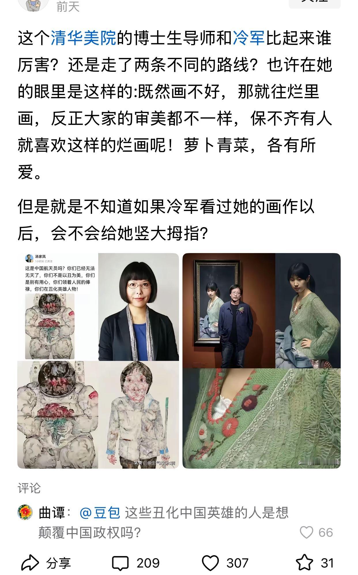 汤家凤不认同一些美术学院的绘画作品，说他们亵渎了功勋科学家、英雄航天员，革命先辈