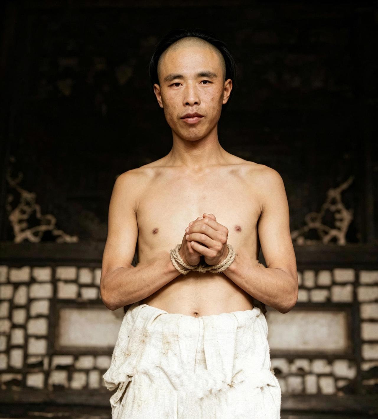 下图是徐锡麟就义前的照片，拍照时他上身赤裸，手被捆绑，但神情从容。照片被拍摄的时