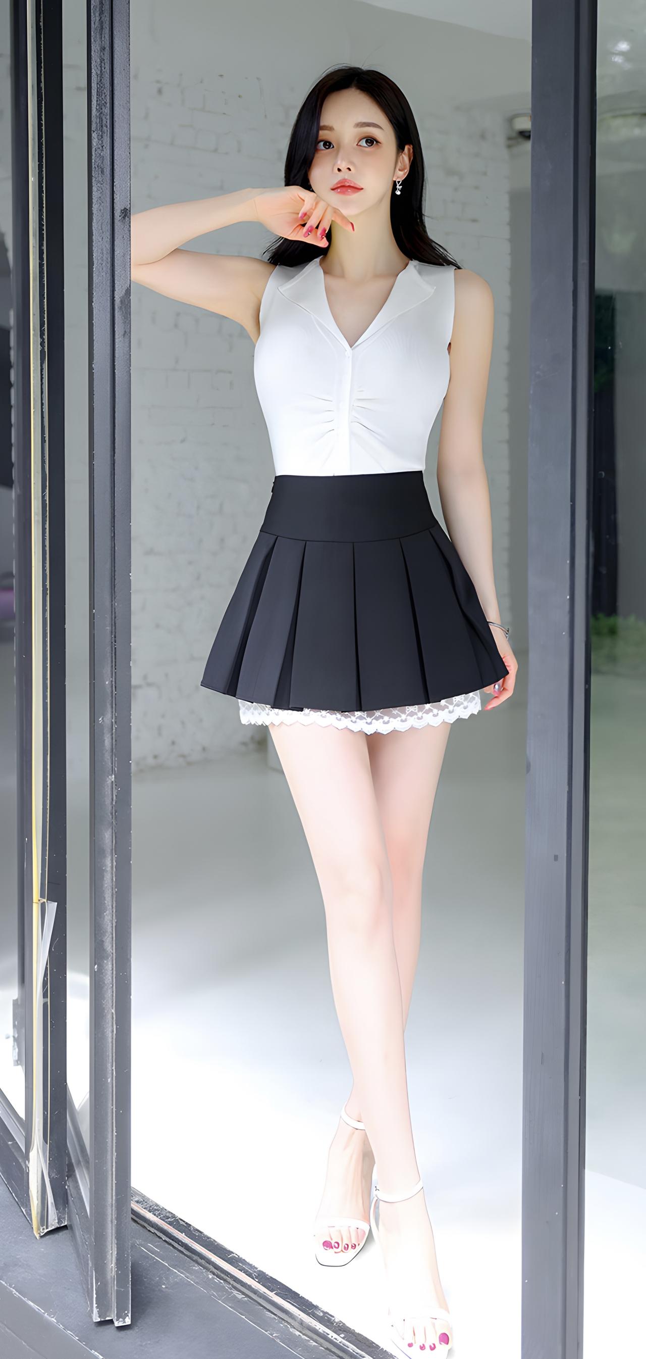 甜美减龄穿搭指南：白色无袖上衣+黑色百褶裙，搭配白色高跟鞋，少女心满满！💕👗