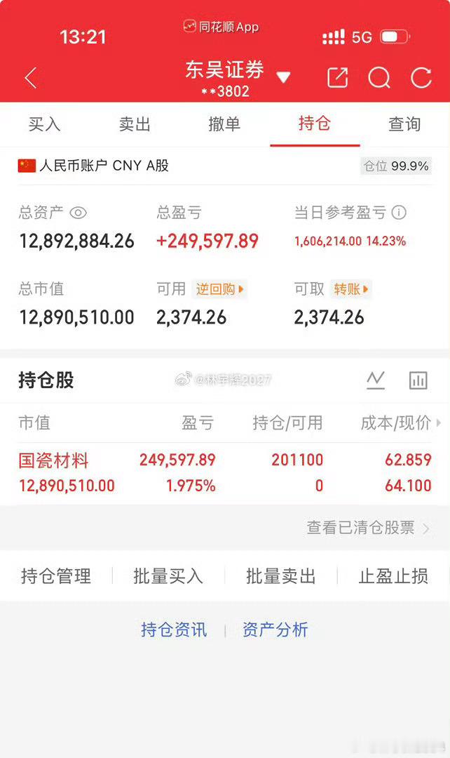 各位战友！国瓷材料300285，今天直接暴涨逼近12个点！从昨天57.61元，一