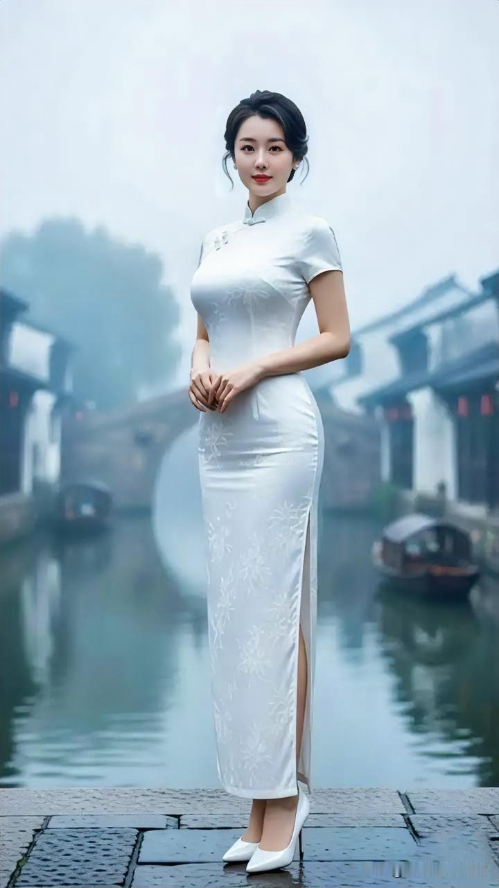 烟雨江南，一袭白旗袍勾勒玲珑身段，立领盘扣间，尽显东方女子的温婉与古典气韵。