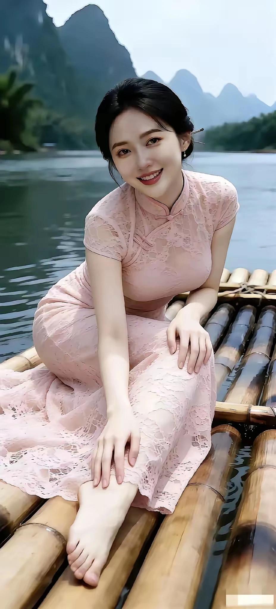 小小竹排江中游，饱览两岸山水秀。姑娘春日心花放，妹妹找哥乐悠悠。