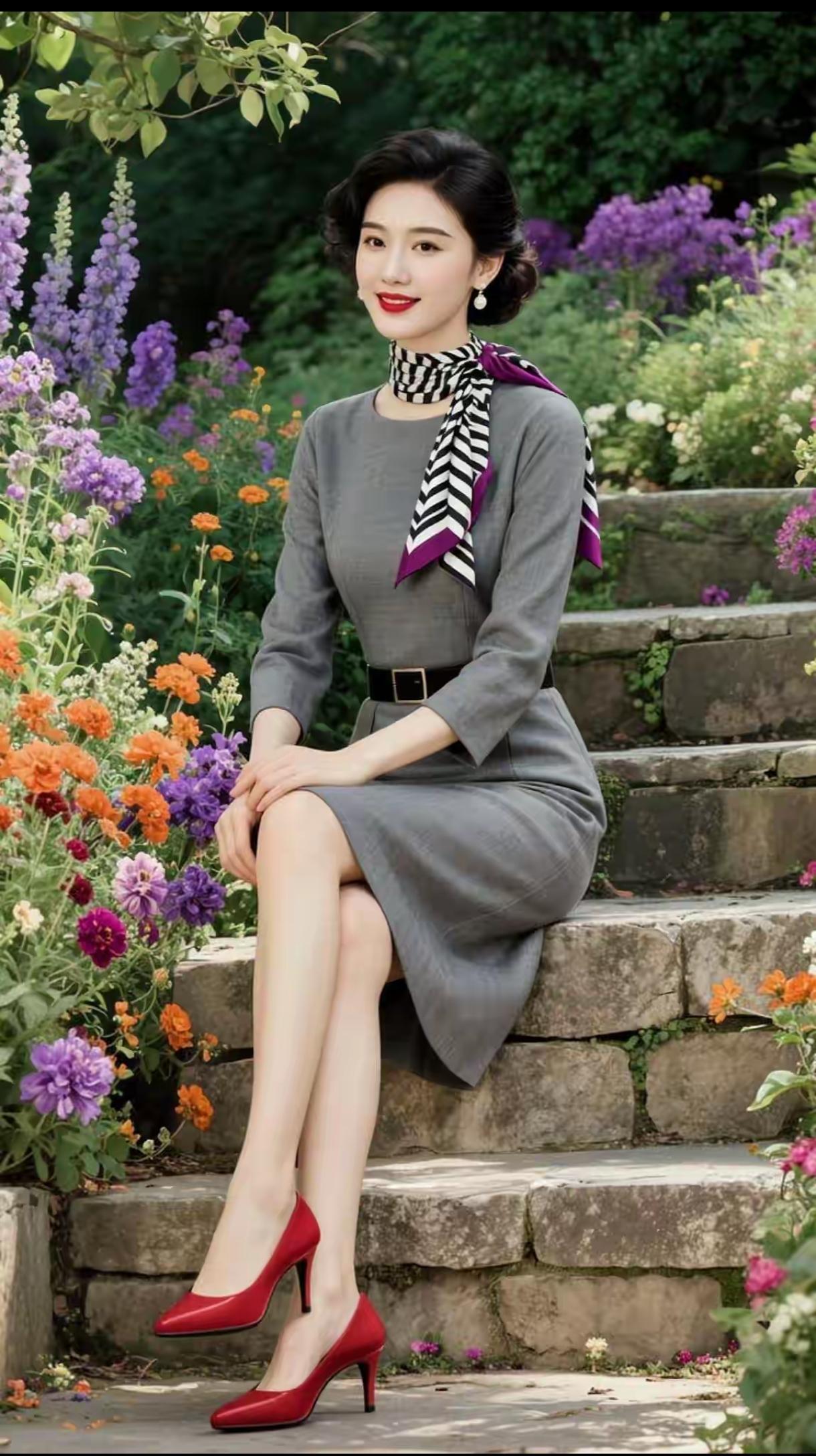 优雅复古风，花丛中的时尚女郎