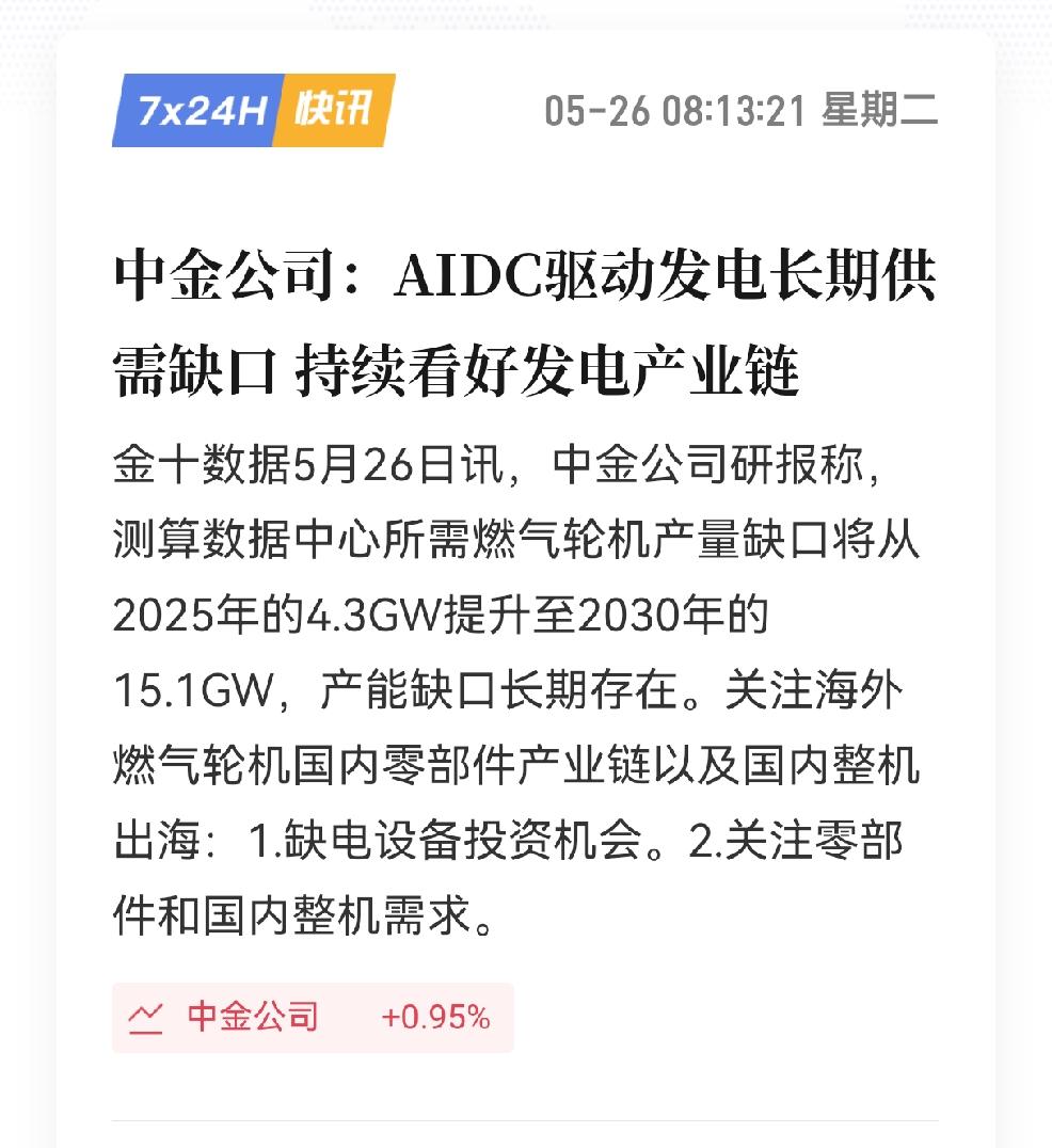 中金公司最新报告说数据中心（AIDC）用电太猛，他们算了一笔账：燃气轮机的产