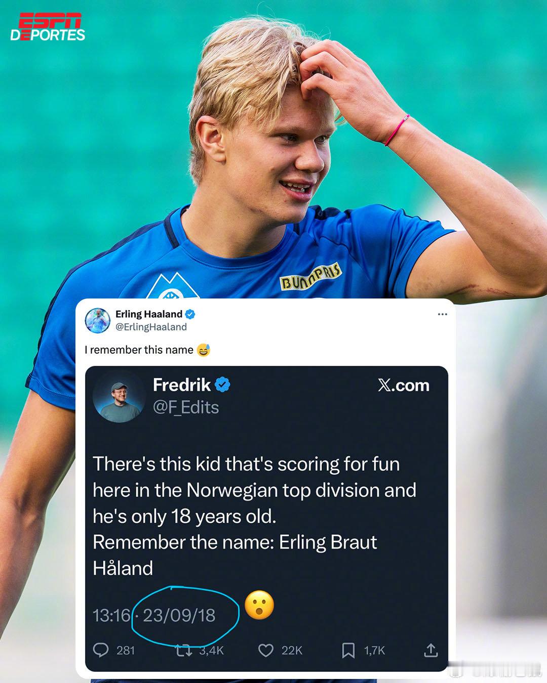 【是我，那时候我还很瘦】曼城前锋哈兰德最近在社交媒体上翻出一条2018年的推文，