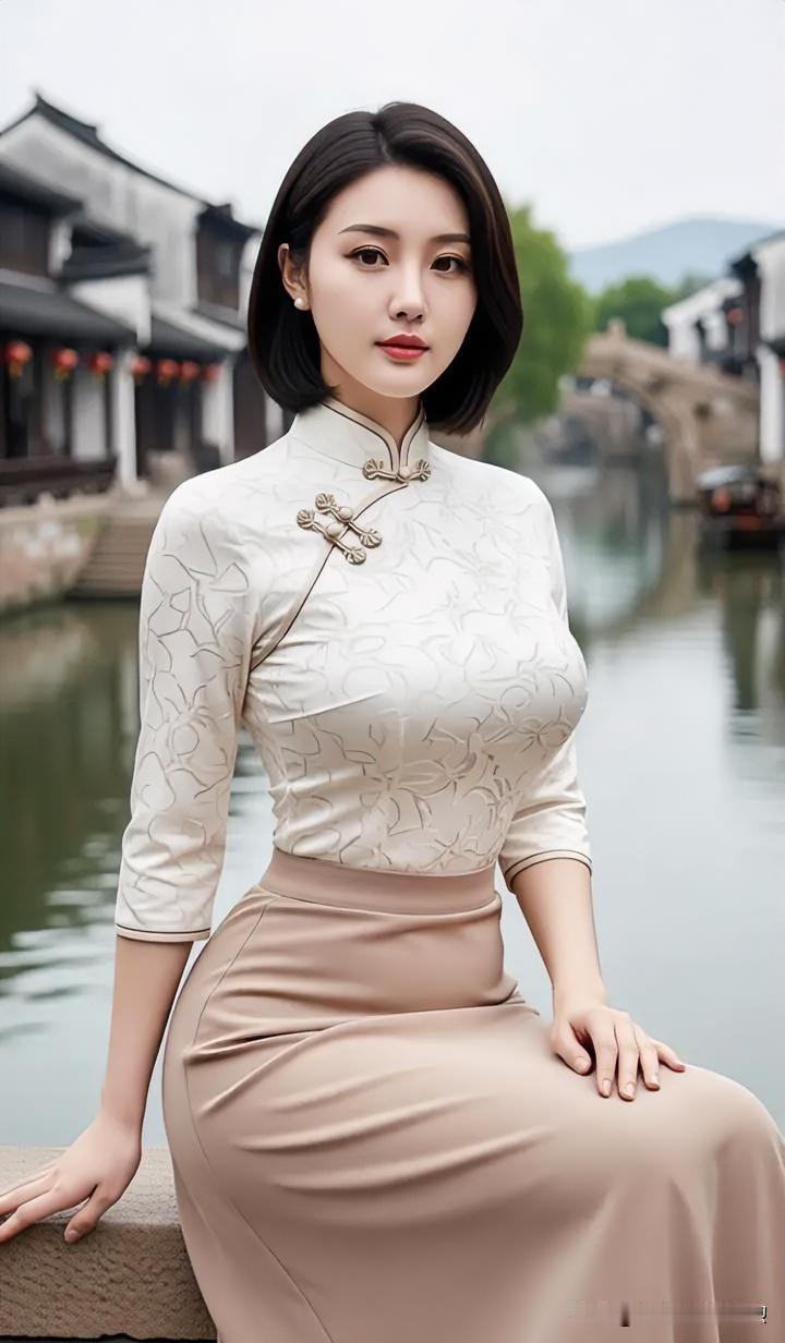 米白旗袍上衣配杏色长裙，盘扣典雅，水乡背景尽显东方温婉柔美。