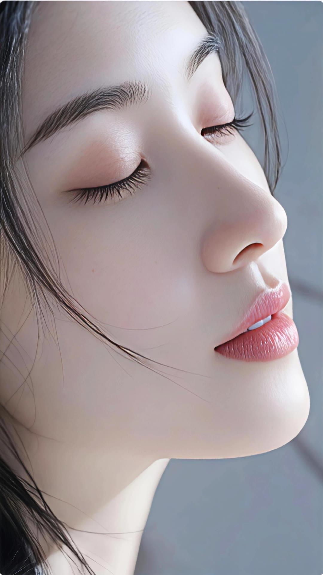 闭眼沉思的少女，温柔如水，静谧如梦。