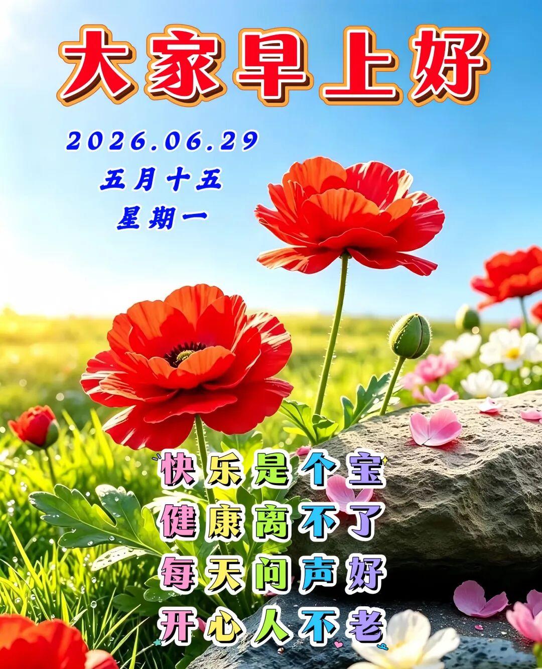 🌈晨光初露道早安，🌷一叶轻书祝愿宽。🌻浮云遥寄相思语，🌹美好时光共清欢。