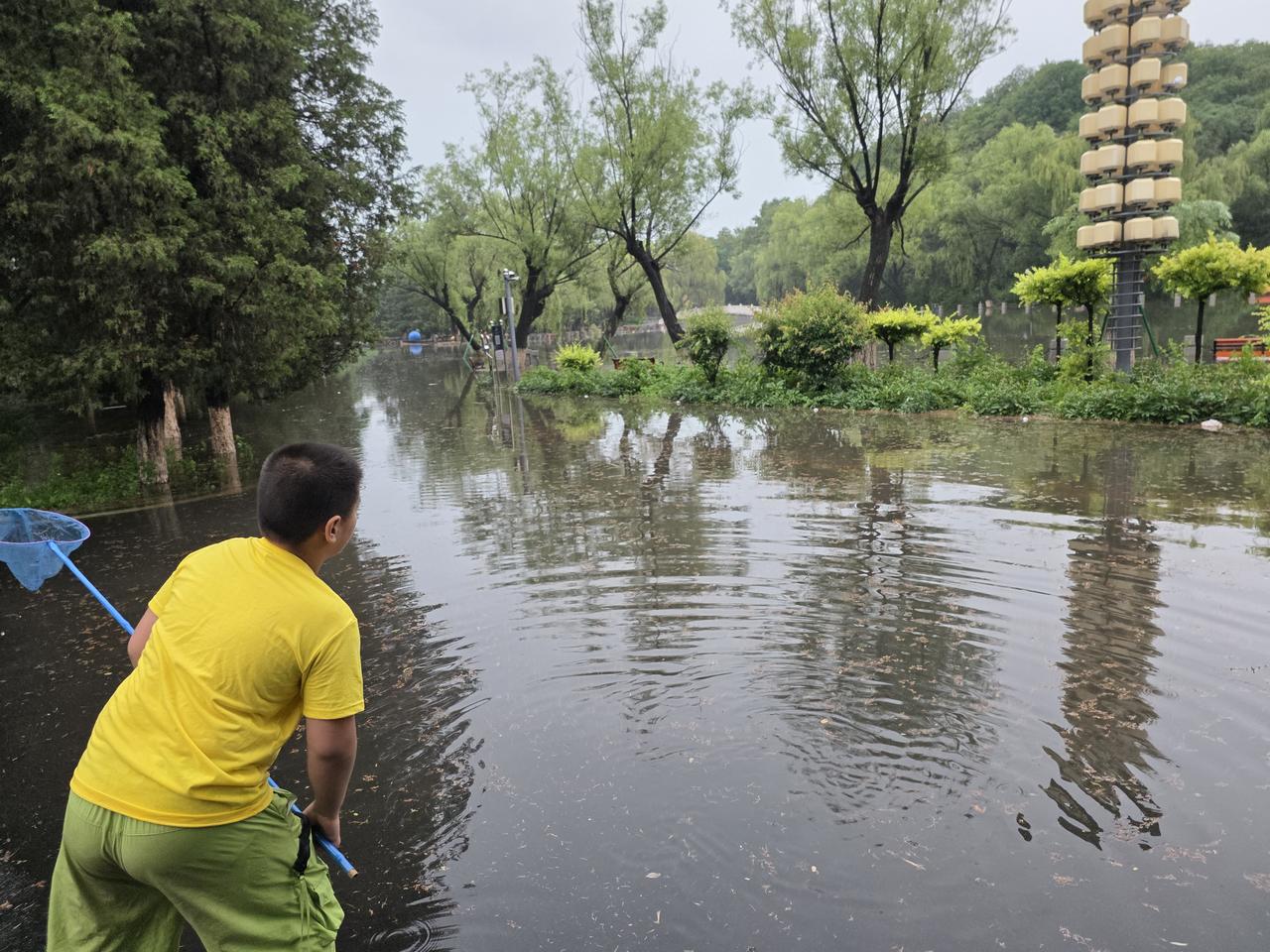 抚顺市劳动公园内，湖水漫上岸来，两条绕湖路皆被淹没。好像这样的事情从未发生过，