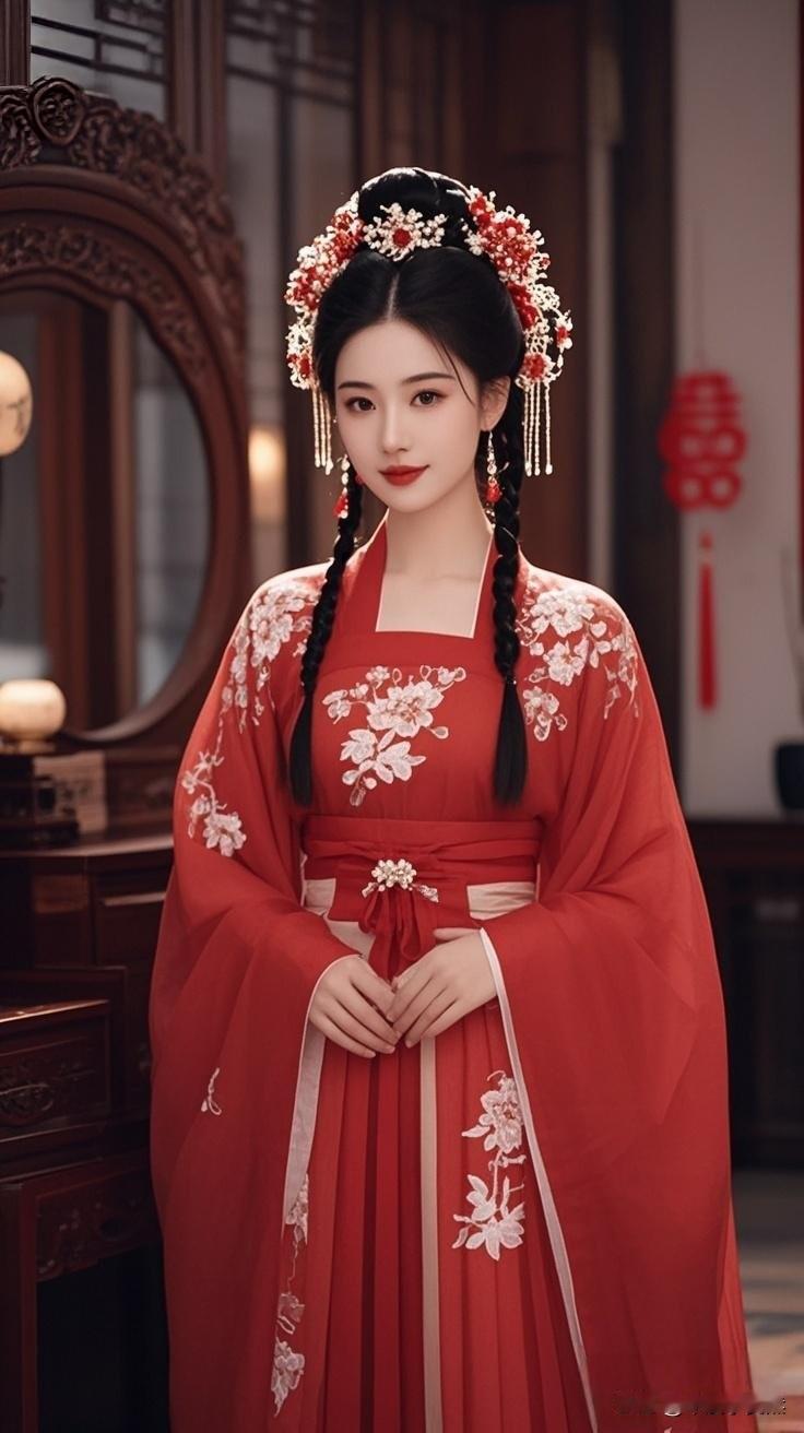 红衣美人倚镜妆，花钿映影如画廊。最是人间一尤物，胜却无数芳华客。红唇美人照