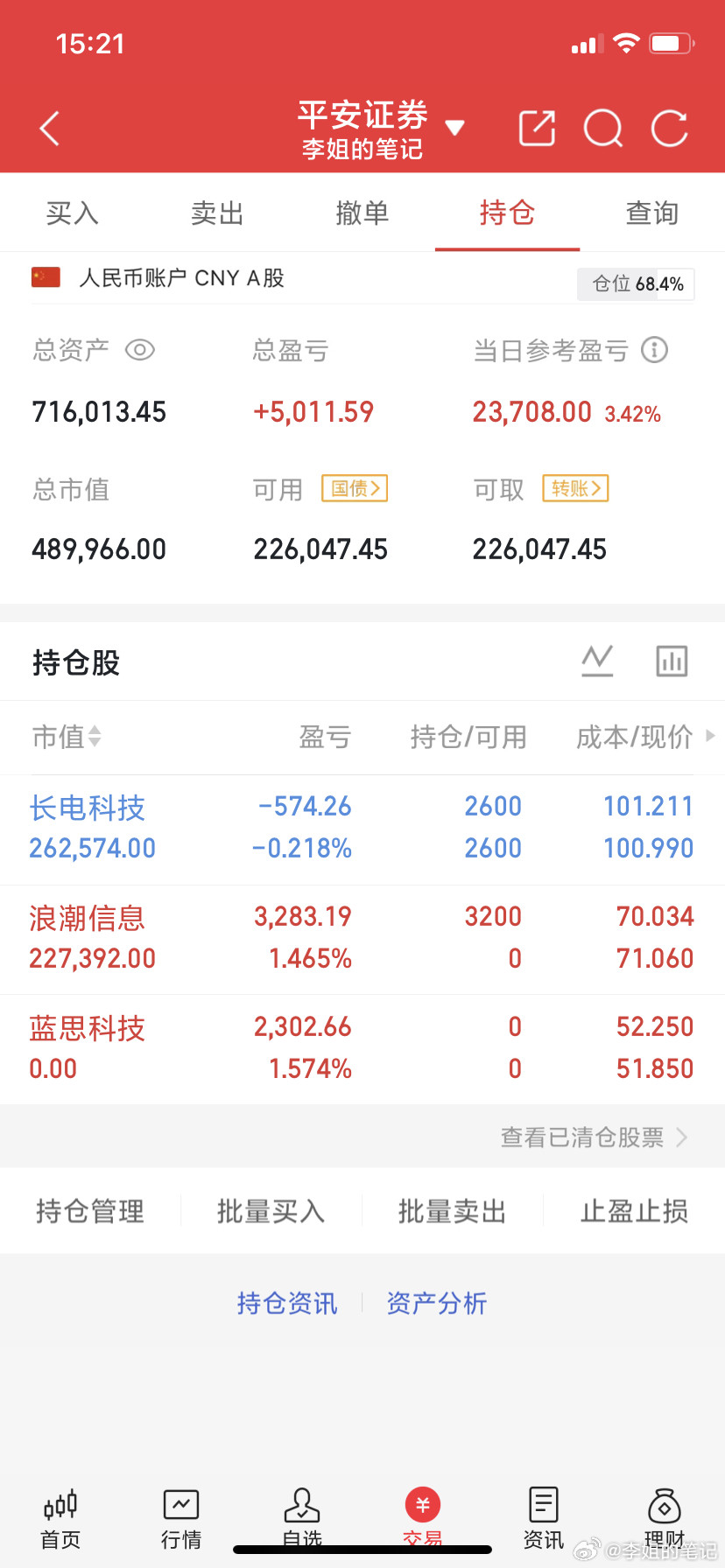 进：000977（浪潮信息）持：600584（长电科技）出：300433（蓝思科