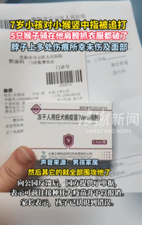 这就是手欠的后果！贵阳，一男孩和父母去景区游玩，中途看到有小猴子时，男孩就朝它竖