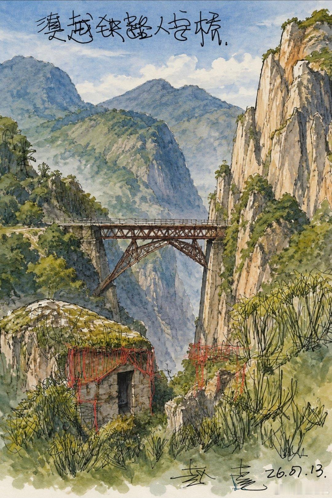 在滇越铁路人字桥下面，用三星自带的笔画了一个人字桥速写，小试宝刀