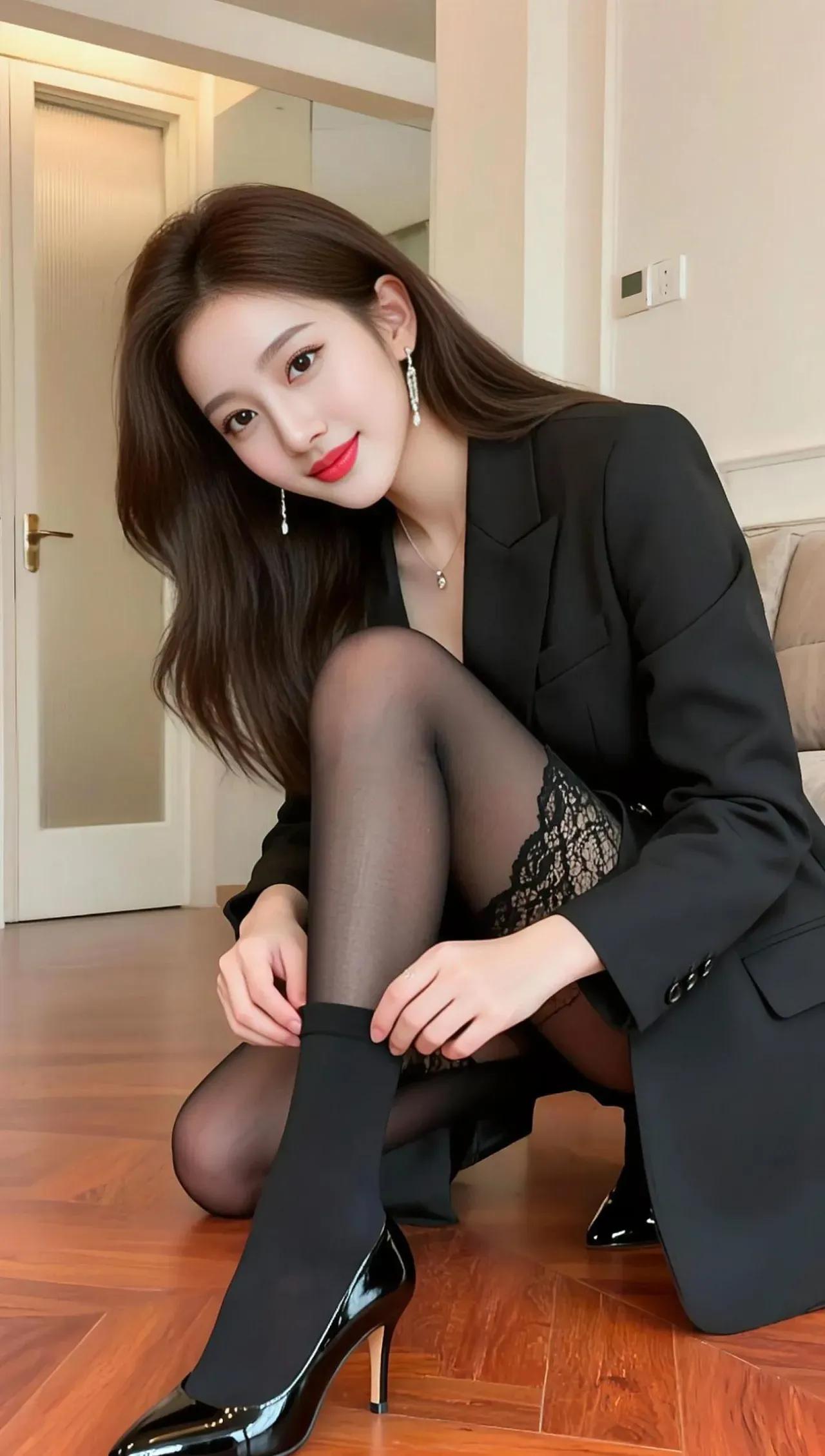 优雅黑丝袜搭配黑色高跟鞋，尽显职场女性魅力！