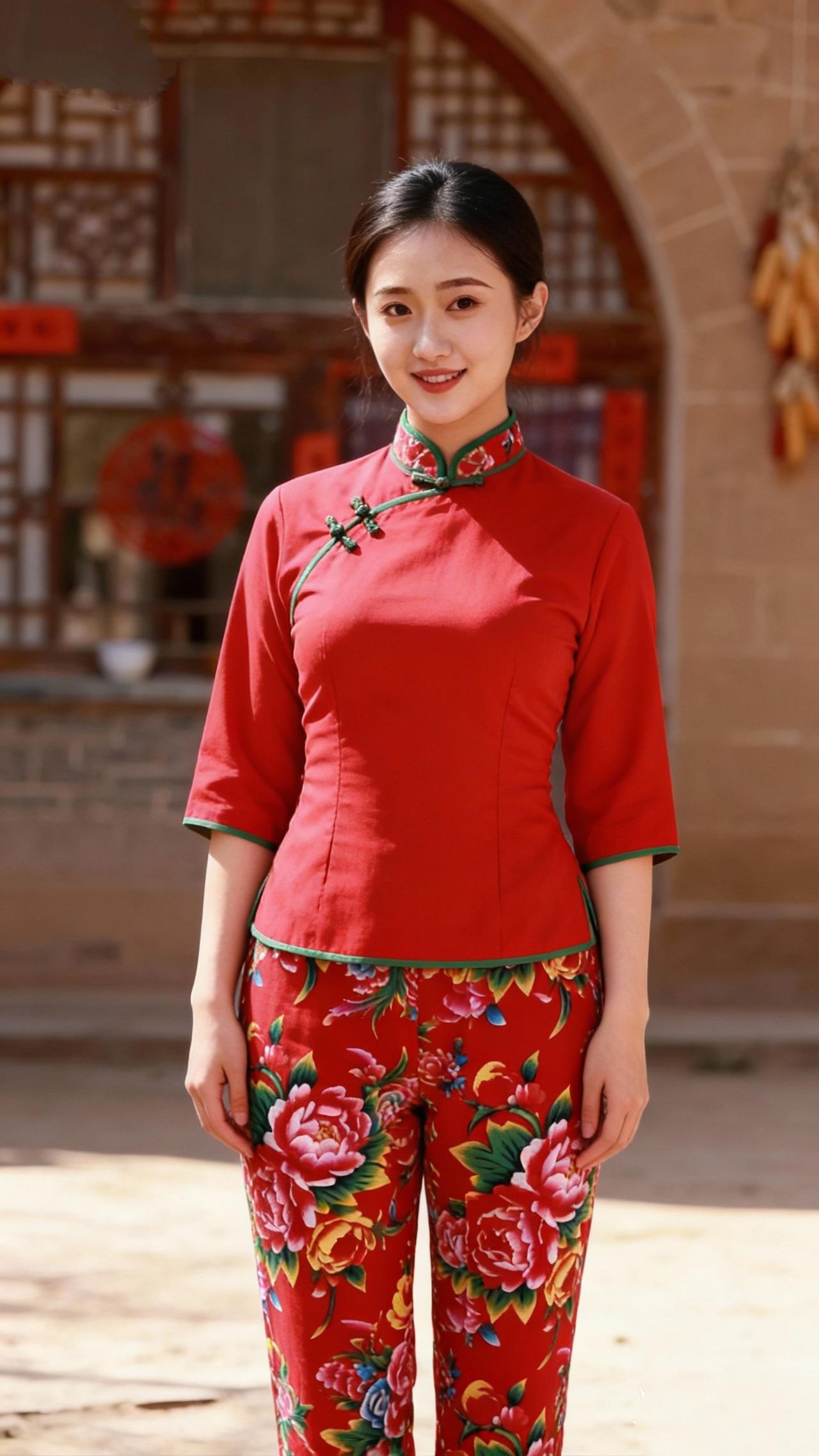 《窑前红妆》窑洞雕花映晓光，红衫裁得牡丹香。眉弯笑靥春风里，一抹娇妍