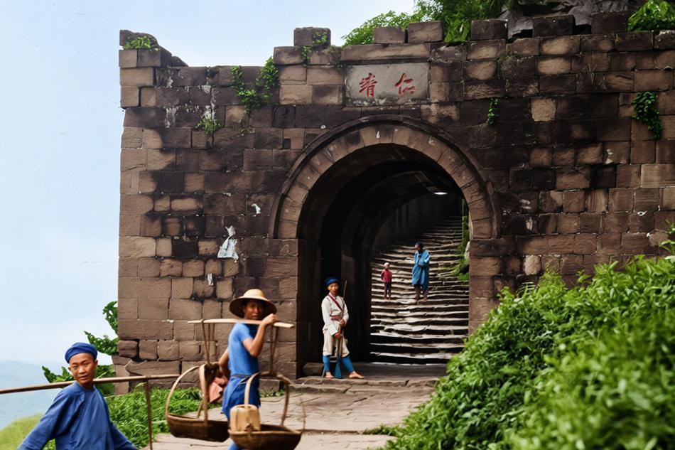 这张照片拍摄于民国时期，地点为重庆北碚区缙云山上的佛图关仁清门（也称“仁清关”或