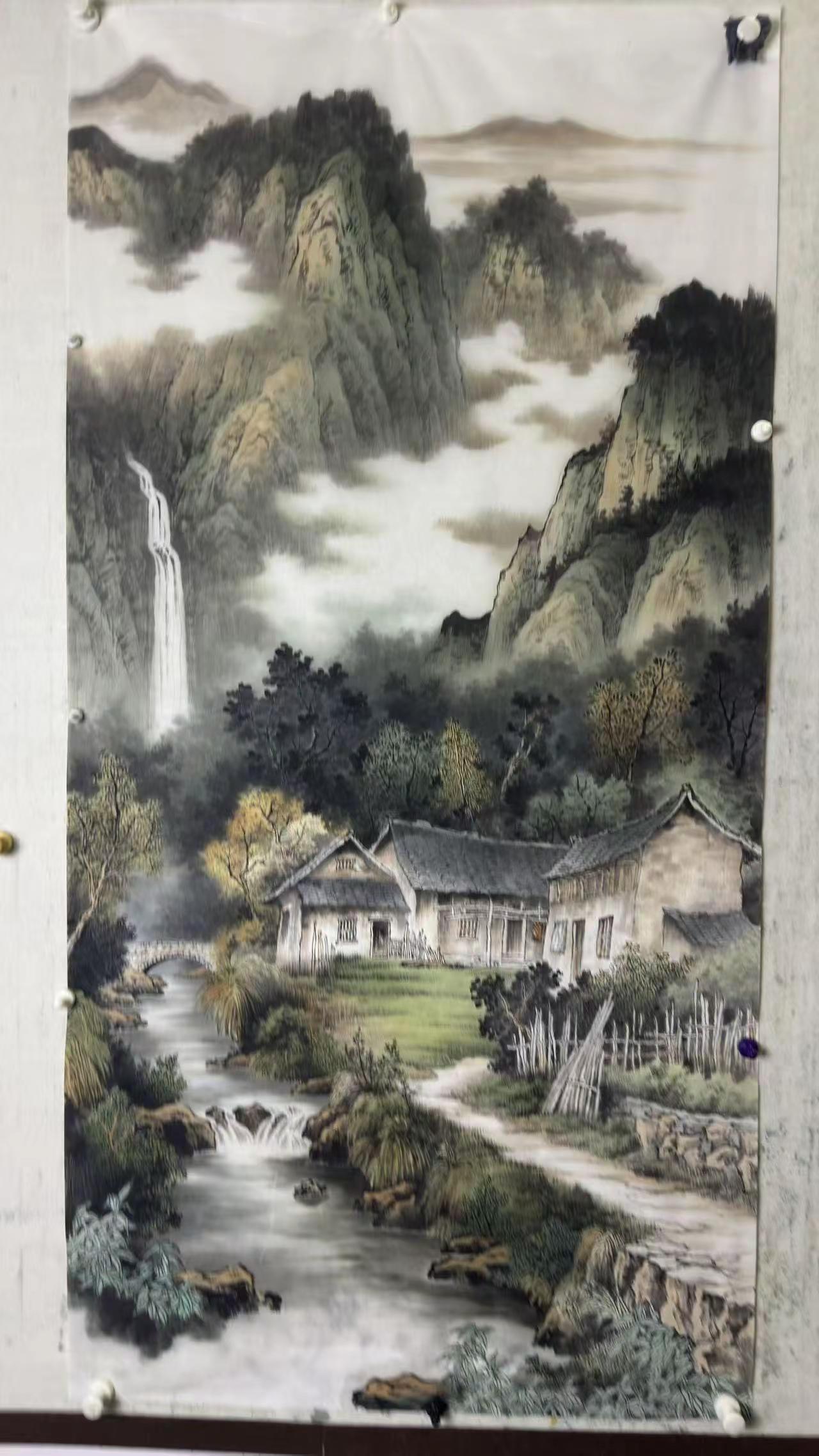 【溪畔人家】。完成作品创作者中心创作灵感中国山水画画法画山水