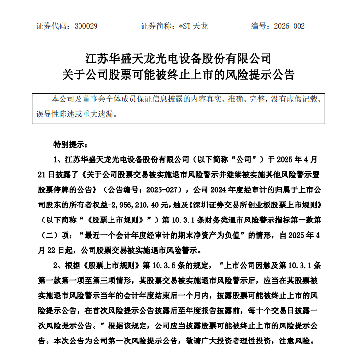 *ST天龙: 公司股票可能被终止上市