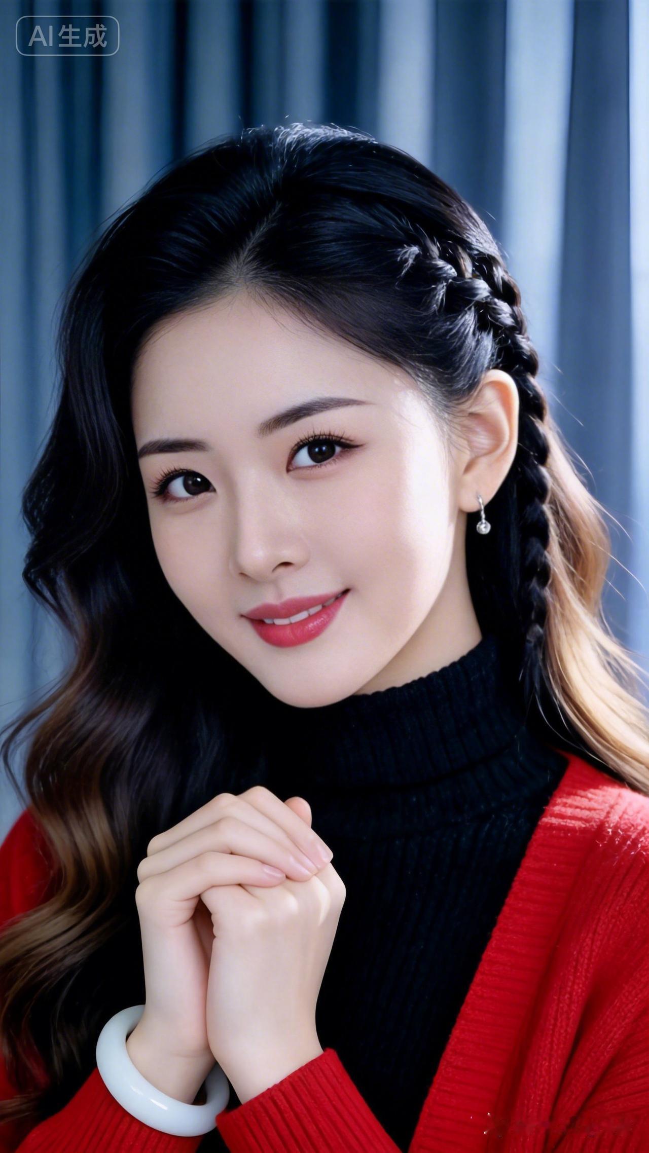 甜美少女风，红黑撞色毛衣，温柔笑容，少女心满满！💖💖💖