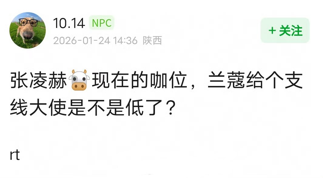 兰蔻确实可以给张凌赫升一下T了，不过这几天跑品牌那里弄得有点难看了，指不定后续难