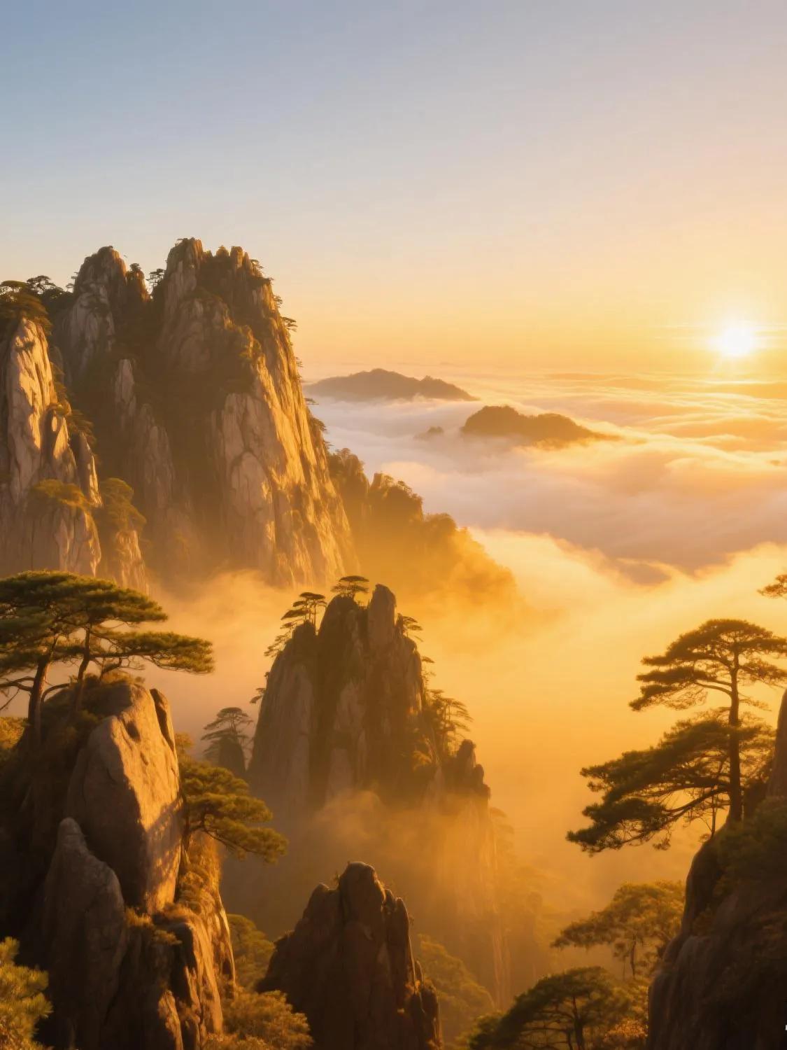 黄山夕照，群峰披金，怪石凝辉，奇松摇曳，云海翻涌成金色浪涛，美如梦幻仙境。黄山顶