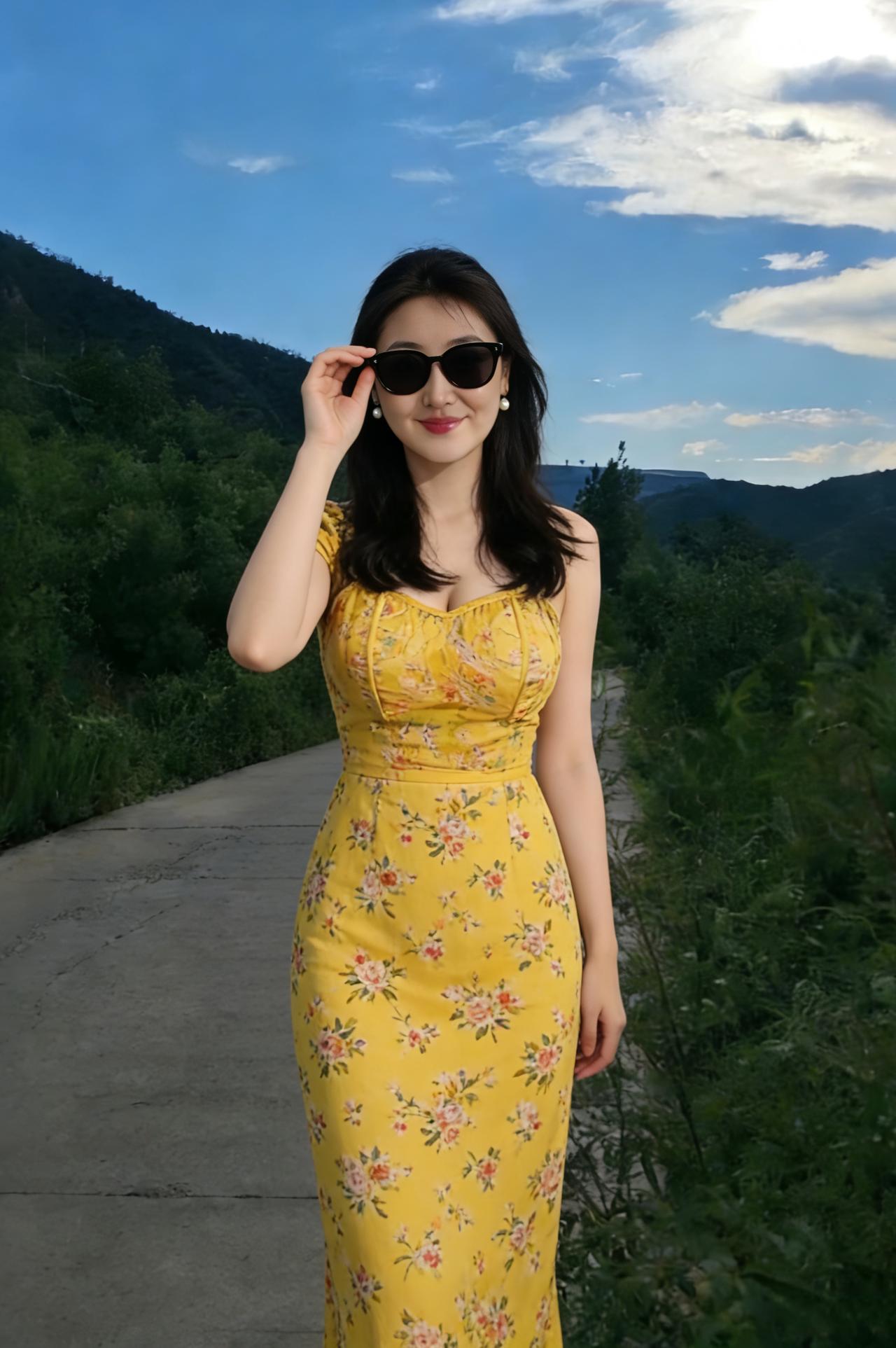 山风轻拂着黄裙的碎花像把夏日的蜜，泼在青苍的山间墨镜滑到鼻尖，漏出眼里的亮